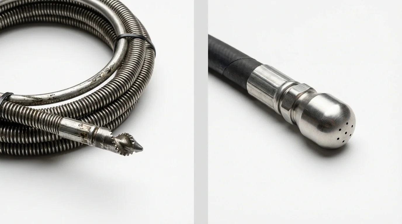 Drain snake cable and hydro jetting nozzle used for drain cleaning in Belleville, WI