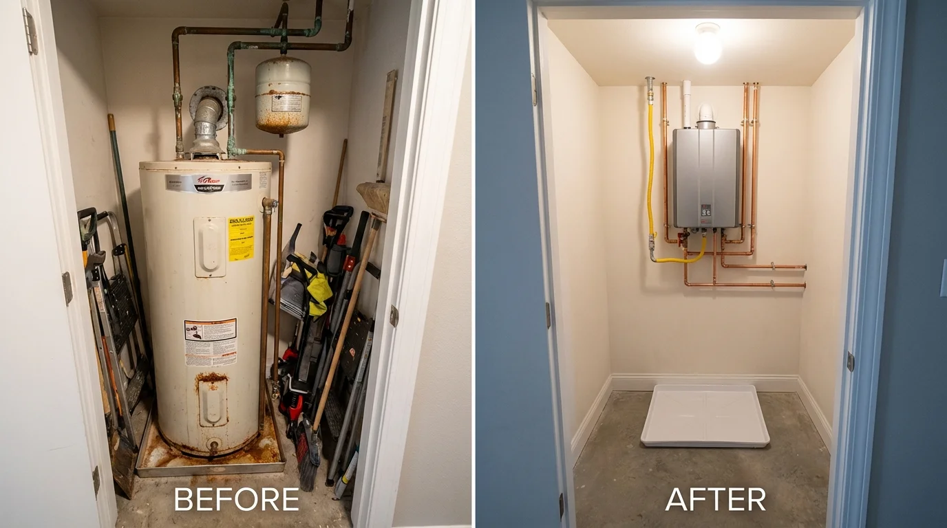 Tank water heater versus wall-mounted tankless unit comparison for Belleville, WI homeowners