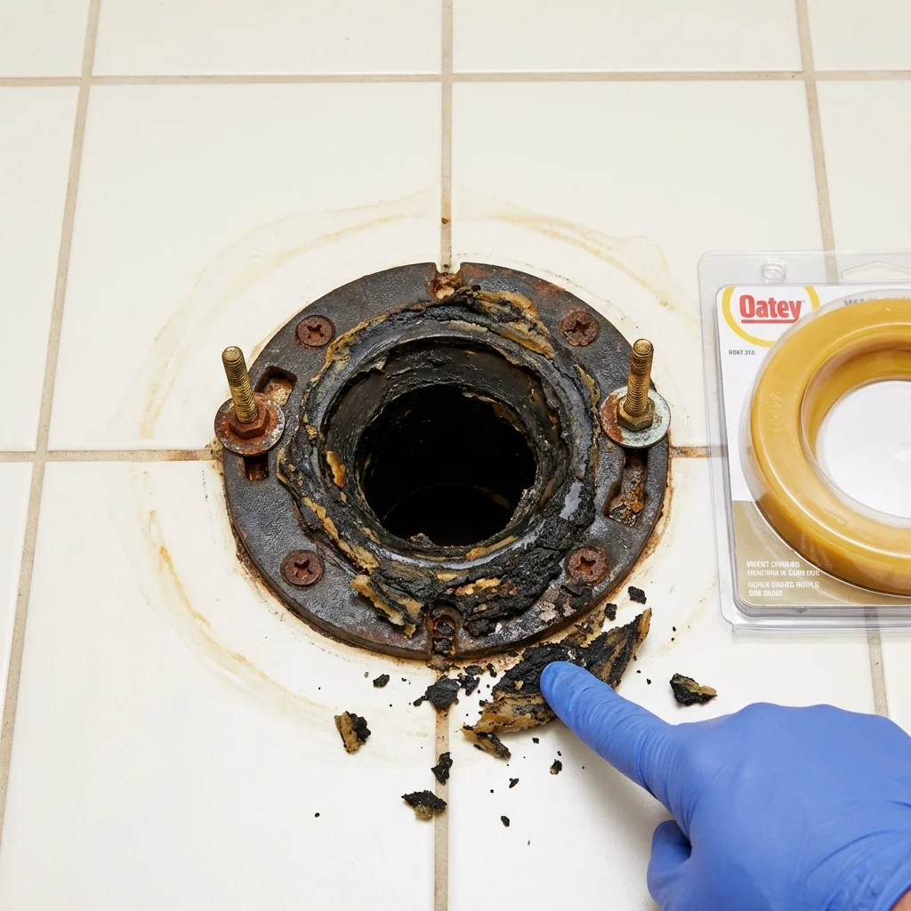 Failed wax ring showing water seepage at the base of a toilet in a Belleville, WI home