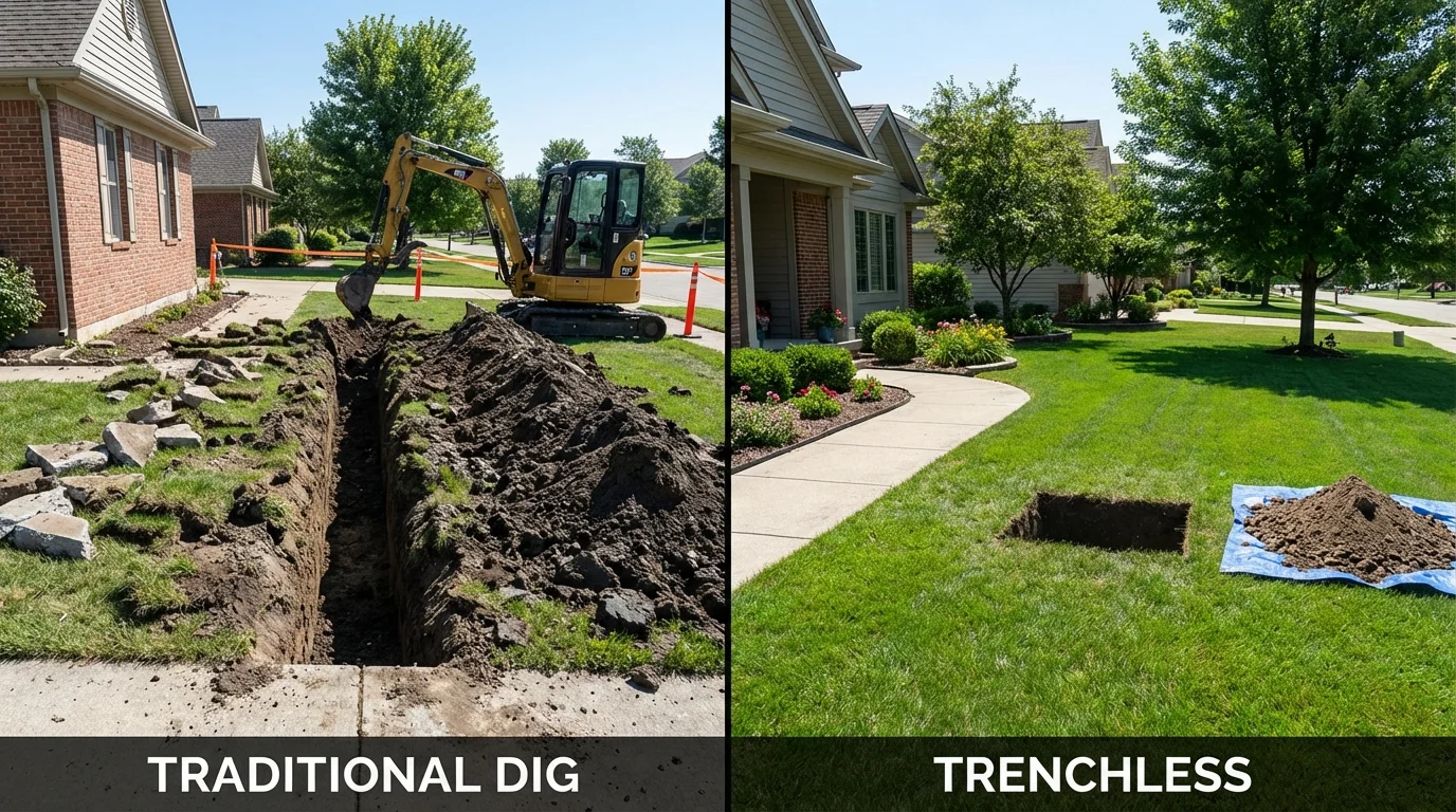 Trenchless sewer repair with minimal yard damage versus traditional excavation in Belleville, WI