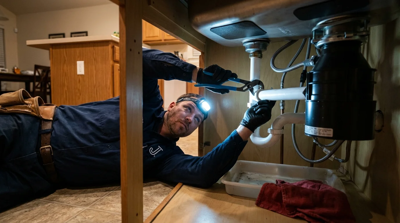 P-trap and supply line connections under a kitchen sink showing a common leak point in Belleville, WI